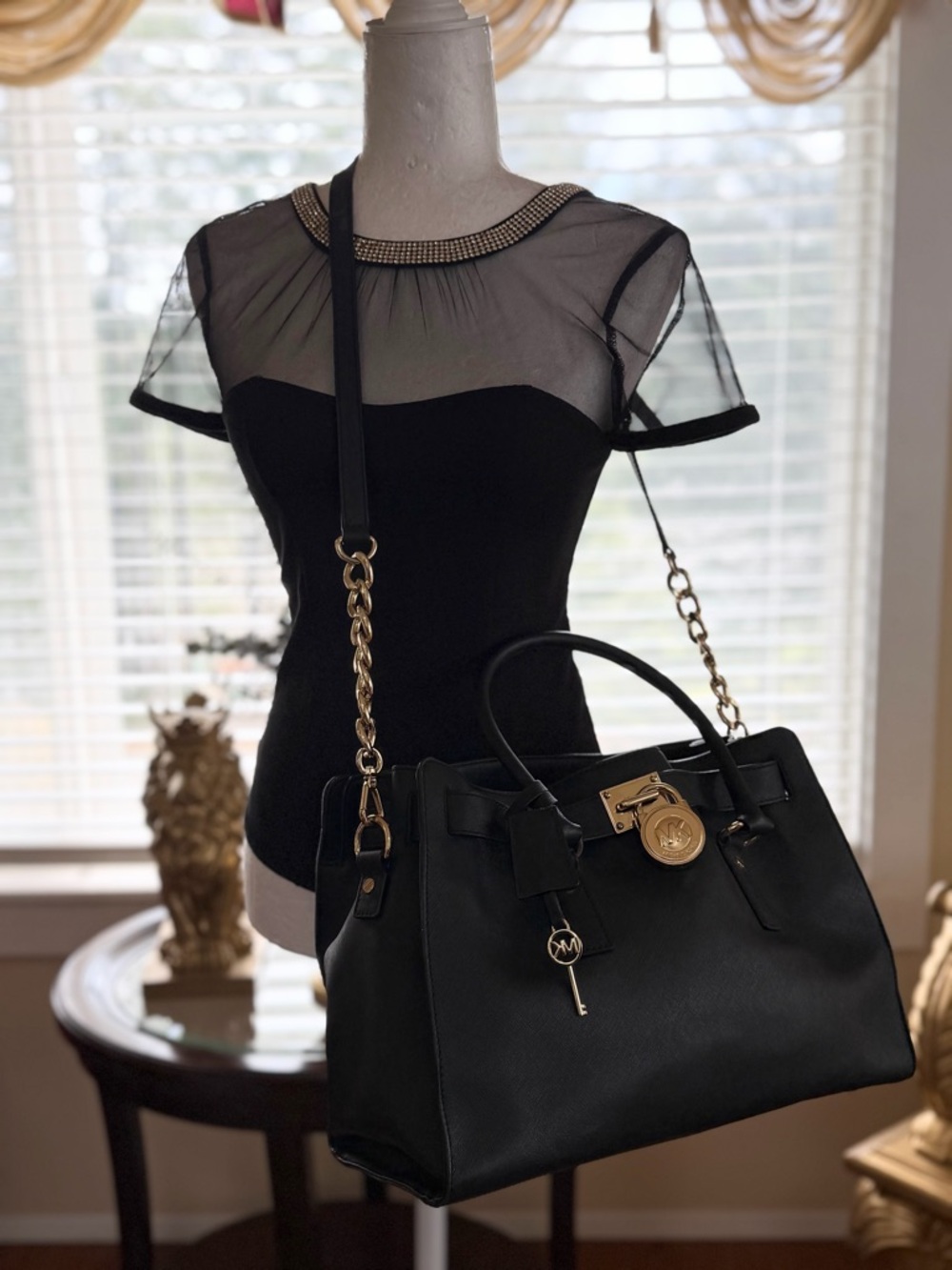 Michael Kors Black Satchel with Gold Chain and Hardware